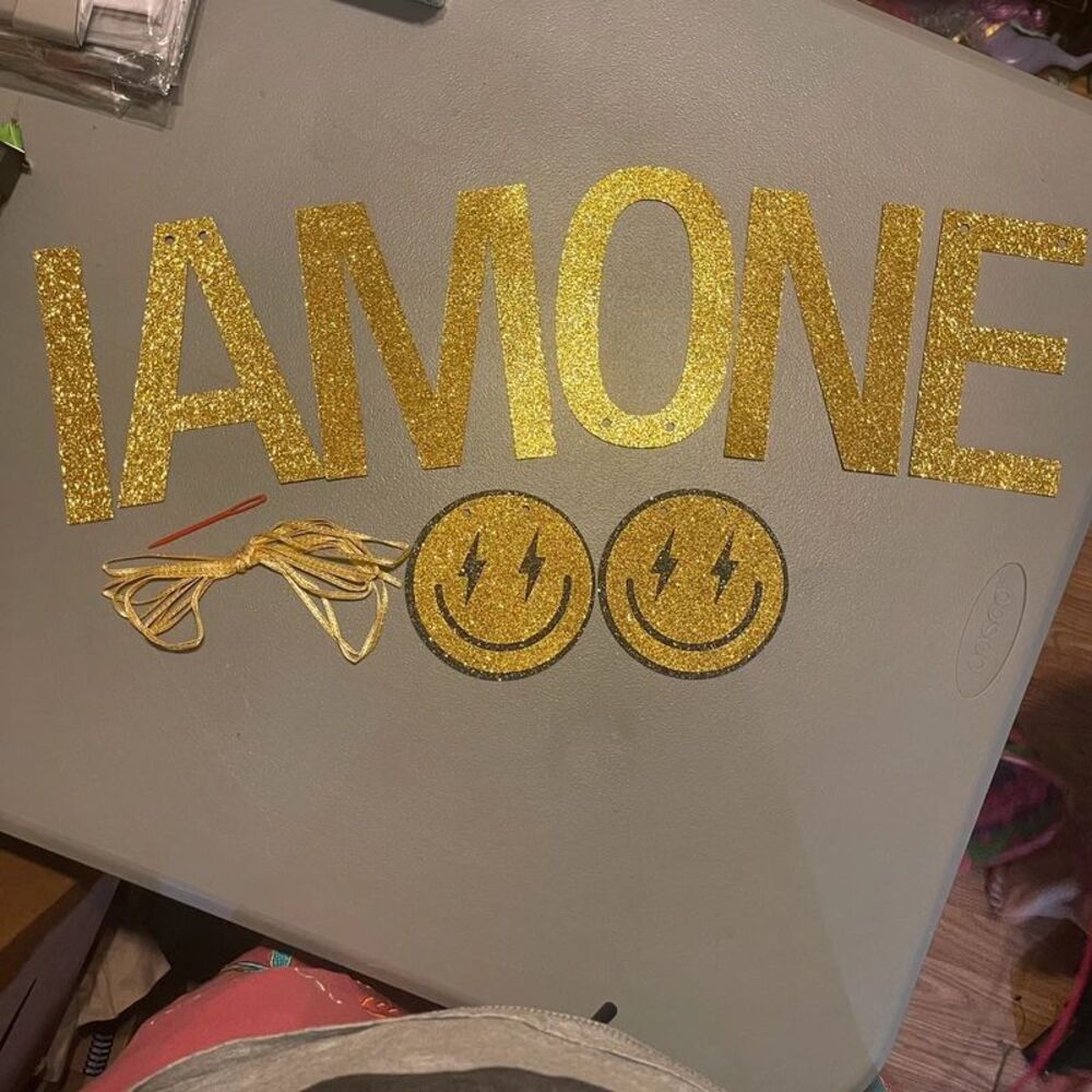 Gold Glitter “I Am One”Banner Retro Lightning BoltSmiley Face 1st Birthday Decor